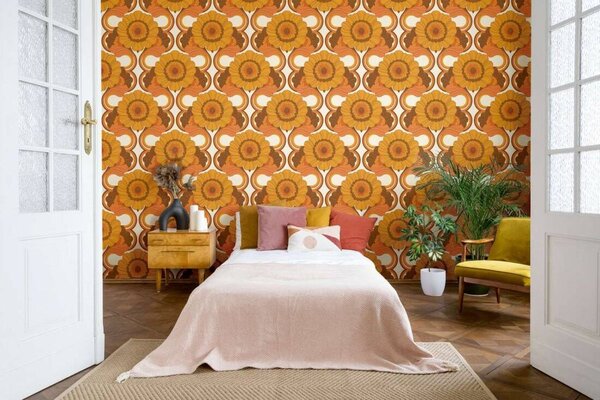 A.S. Création | Vliesová tapeta na zeď Retro Chic 39530-4 | 0,53 x 8,5 m | žlutá, oranžová, hnědá, bílá, červená, vícebarevná