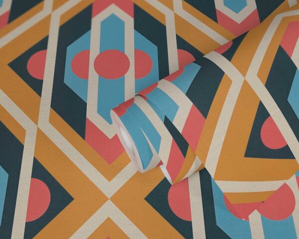 A.S. Création | Vliesová tapeta na zeď Retro Chic 39531-4 | 0,53 x 8,5 m | modrá, krémová, červená, okrová