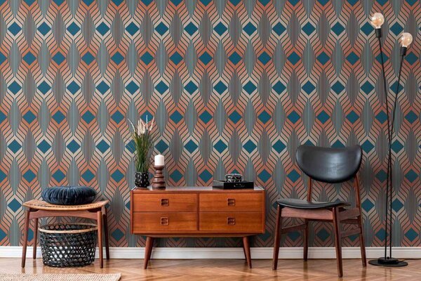 A.S. Création | Vliesová tapeta na zeď Retro Chic 39532-2 | 0,53 x 8,5 m | meruňková, oranžová, modrá
