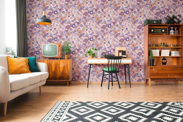 A.S. Création | Vliesová tapeta na zeď Retro Chic 39535-1 | 0,53 x 8,5 m | krémová, fialová, růžová, oranžová, vícebarevná
