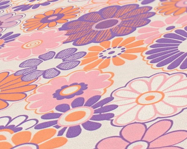 A.S. Création | Vliesová tapeta na zeď Retro Chic 39535-1 | 0,53 x 8,5 m | krémová, fialová, růžová, oranžová, vícebarevná