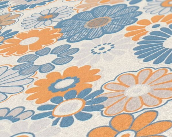 A.S. Création | Vliesová tapeta na zeď Retro Chic 39535-2 | 0,53 x 8,5 m | krémová, modrá, oranžová, vícebarevná