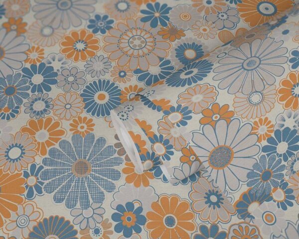 A.S. Création | Vliesová tapeta na zeď Retro Chic 39535-2 | 0,53 x 8,5 m | krémová, modrá, oranžová, vícebarevná