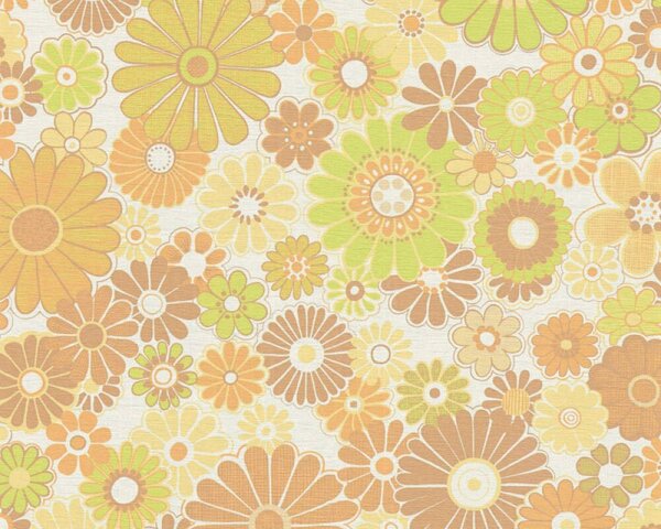 A.S. Création | Vliesová tapeta na zeď Retro Chic 39535-5 | 0,53 x 8,5 m | bílá, žlutá, zelená, oranžová, hnědá, vícebarevná