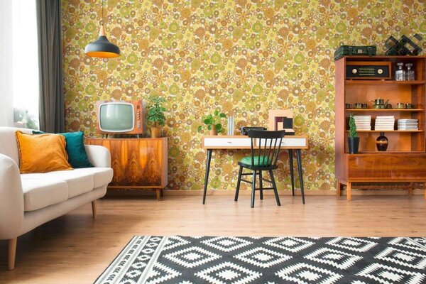 A.S. Création | Vliesová tapeta na zeď Retro Chic 39535-5 | 0,53 x 8,5 m | bílá, žlutá, zelená, oranžová, hnědá, vícebarevná