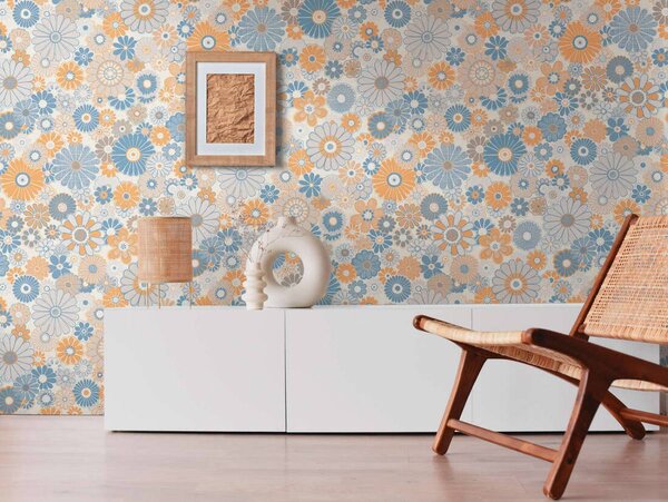 A.S. Création | Vliesová tapeta na zeď Retro Chic 39535-2 | 0,53 x 8,5 m | krémová, modrá, oranžová, vícebarevná