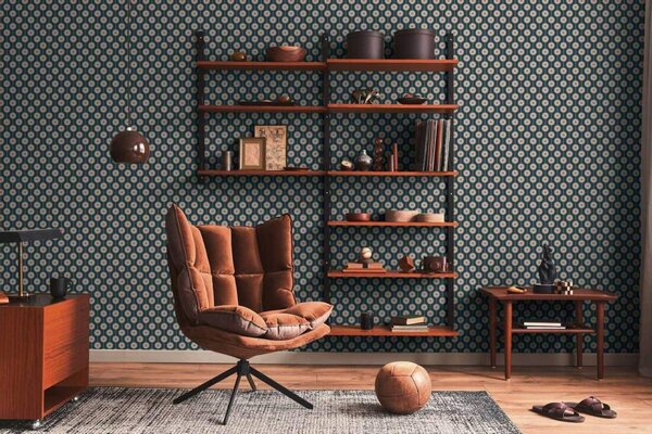 A.S. Création | Vliesová tapeta na zeď Retro Chic 39537-1 | 0,53 x 8,5 m | modrá, žlutá, okrová, růžová, vícebarevná
