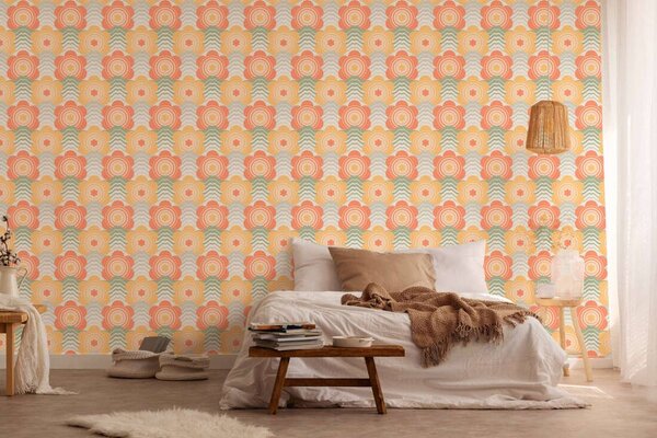 A.S. Création | Vliesová tapeta na zeď Retro Chic 39539-4 | 0,53 x 8,5 m | krémová, žlutá, oranžová, zelená, vícebarevná