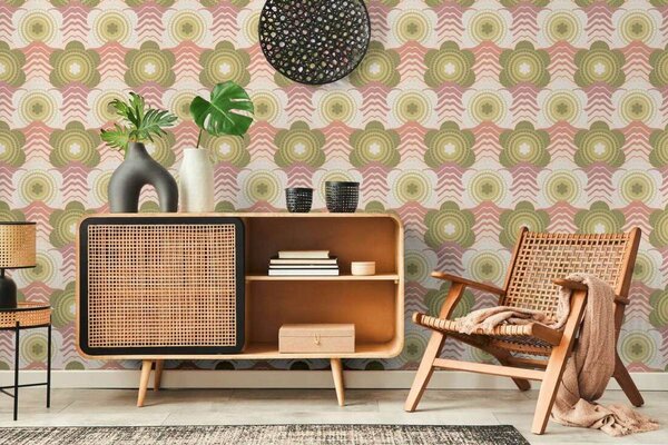 A.S. Création | Vliesová tapeta na zeď Retro Chic 39539-1 | 0,53 x 8,5 m | zelená, růžová, krémová