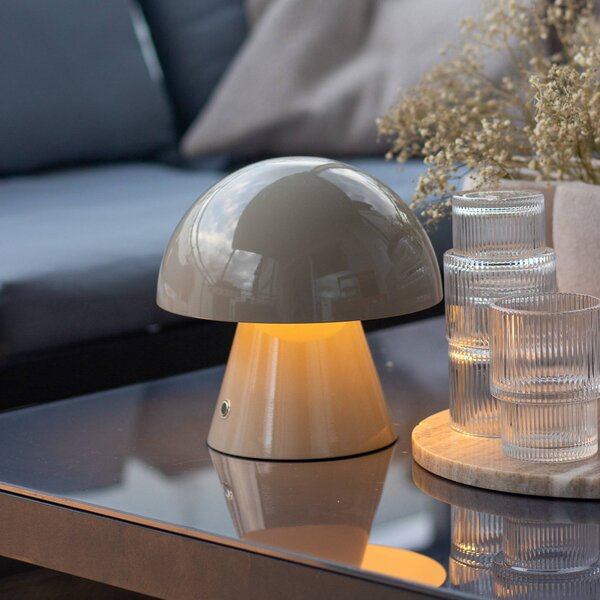 Lindby LED dobíjecí stolní lampa Nevijo, šedá, Ø18cm, USB, stmívač, stmívatelný, Hliník / šedá / zinek, Obývací pokoj / jídelna, kov, Young lifestyle