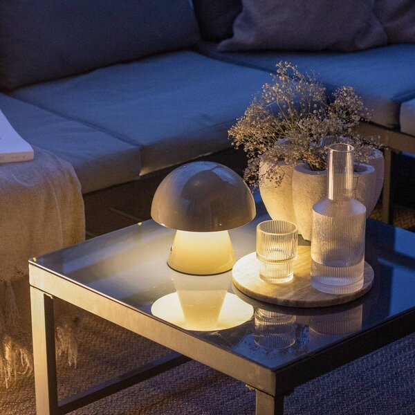 Lindby LED dobíjecí stolní lampa Nevijo, šedá, Ø18cm, USB, stmívač, stmívatelný, Hliník / šedá / zinek, Obývací pokoj / jídelna, kov, Young lifestyle