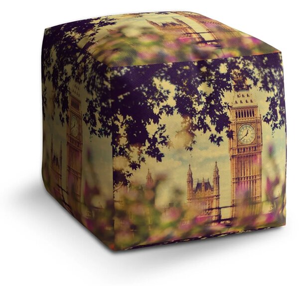 Sablio Taburet Cube Londýn Big Ben Flowers - 40x40x40 cm