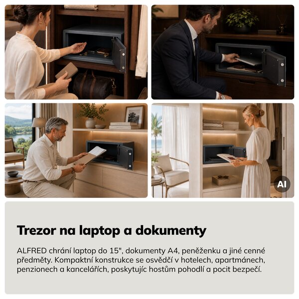 Hotelový trezor elektronický s kódovým zámkem, na notebook 15″ a dokumenty, 200 x420x370 mm: ALFRED
