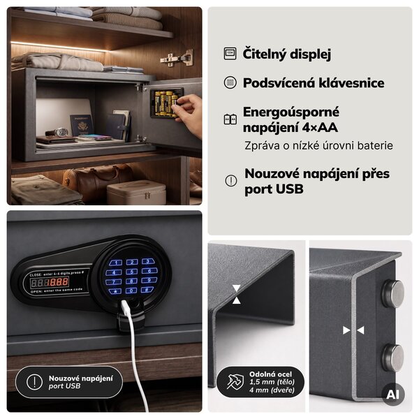 Hotelový trezor elektronický s kódovým zámkem, na notebook 15″ a dokumenty, 200 x420x370 mm: ALFRED