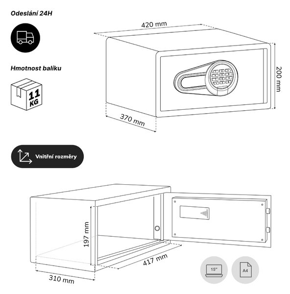 Hotelový trezor elektronický s kódovým zámkem, na notebook 15″ a dokumenty, 200 x420x370 mm: ALFRED