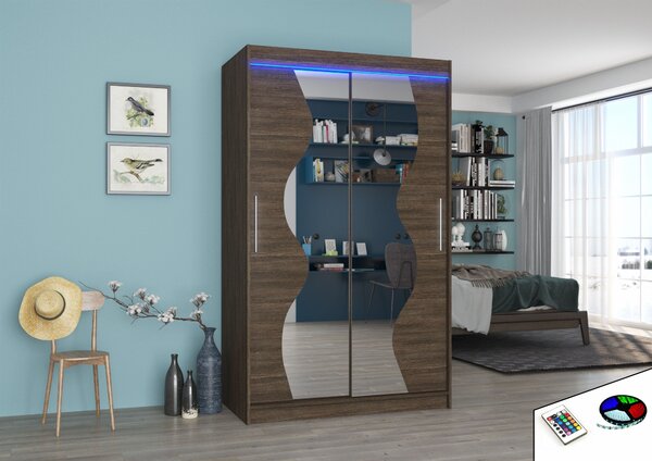 ADRK Šatní zrcadlová skříň posuvná s LED osvětlením OSWALD CH 120 L, choco