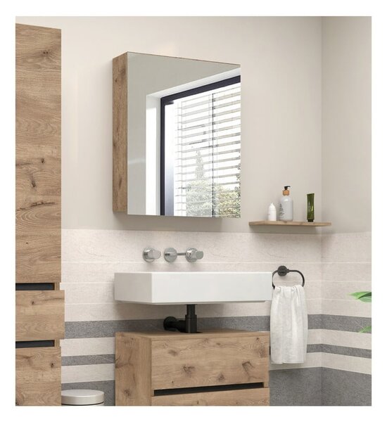 Závěsná koupelnová skříňka se zrcadlem v dekoru dubu v přírodní barvě 60x70 cm Wisla – Støraa