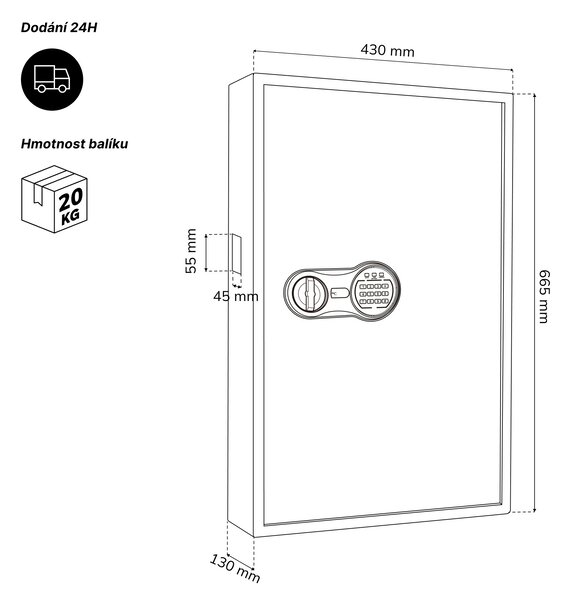 Skříňka na klíče elektronická s vhozem a kódovým zámkem, na 133 klíčů, 430x665x130 mm: BRUCE