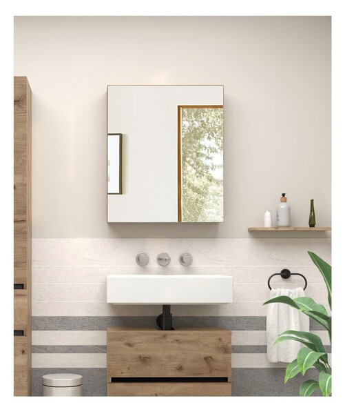 Závěsná koupelnová skříňka se zrcadlem v dekoru dubu v přírodní barvě 60x70 cm Wisla – Støraa