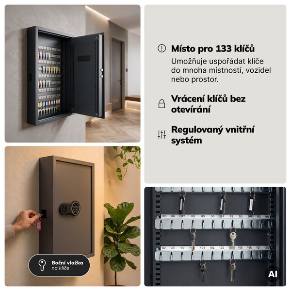 Skříňka na klíče elektronická s vhozem a kódovým zámkem, na 133 klíčů, 430x665x130 mm: BRUCE