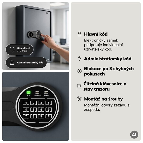 Skříňka na klíče elektronická s vhozem a kódovým zámkem, na 133 klíčů, 430x665x130 mm: BRUCE