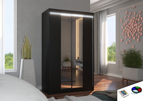 ADRK Šatní zrcadlová skříň posuvná s LED osvětlením MARVIN B 120 L, černá