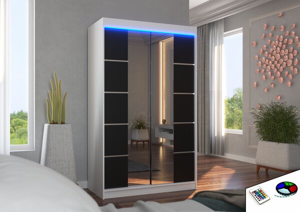 ADRK Šatní zrcadlová skříň posuvná s LED osvětlením GENUA W-B 120 L, černá/bílá
