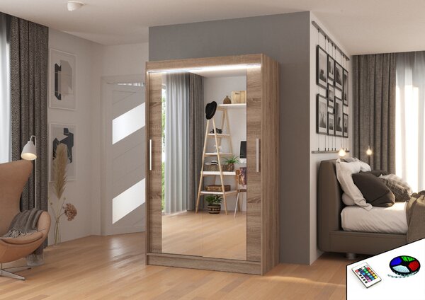 ADRK Šatní zrcadlová skříň posuvná s LED osvětlením TIBAGO T 120 L, truffle