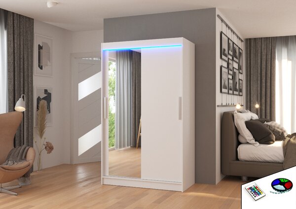 ADRK Šatní zrcadlová skříň posuvná s LED osvětlením BARIO W 120 L, bílá