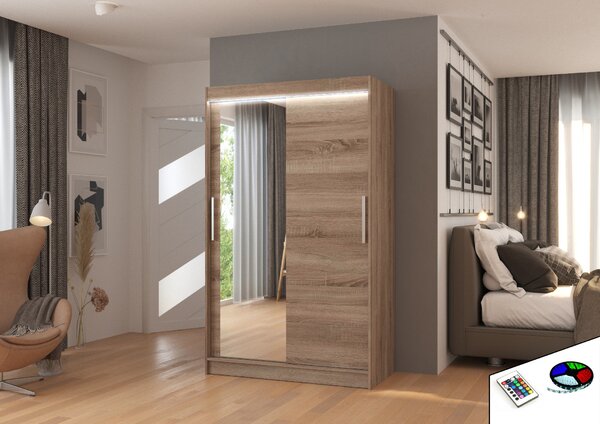 ADRK Šatní zrcadlová skříň posuvná s LED osvětlením BARIO T 120 L, truffle