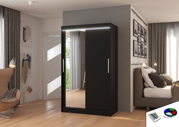 ADRK Šatní zrcadlová skříň posuvná s LED osvětlením BARIO B 120 L, černá