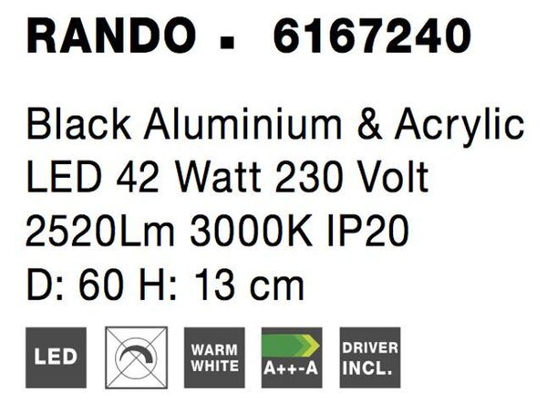 Nova Luce Stropní LED svítidlo RANDO, 42W Barva: Černá, Teplota světla: 3000K - teplá bílá