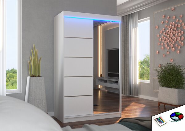 ADRK Šatní zrcadlová skříň posuvná s LED osvětlením NICEA W 120 L, bílá