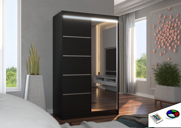 ADRK Šatní zrcadlová skříň posuvná s LED osvětlením NICEA B 120 L, černá