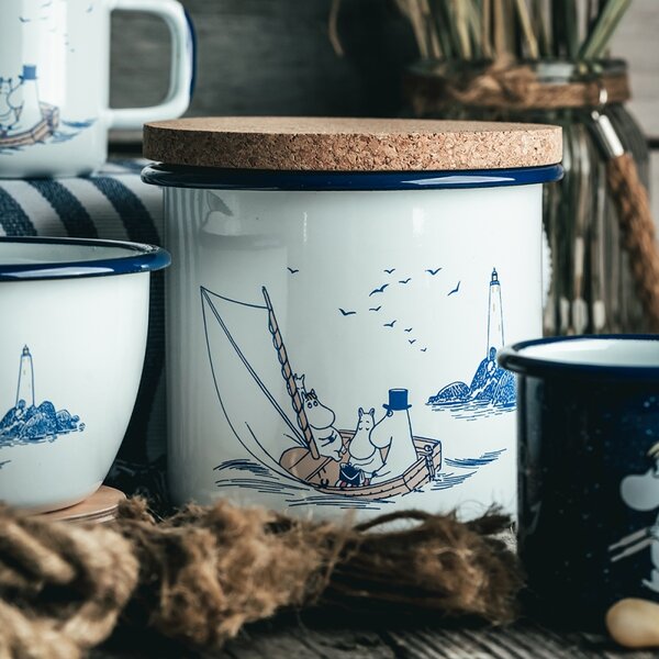 Dóza s víkem Moomins Sailors 1,3l, smalt-korek / bílo-modrá
