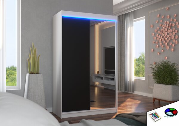 ADRK Šatní zrcadlová skříň posuvná s LED osvětlením REWENA W-B 120 L, černá/bílá