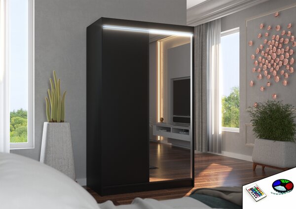 ADRK Šatní zrcadlová skříň posuvná s LED osvětlením REWENA B 120 L, černá