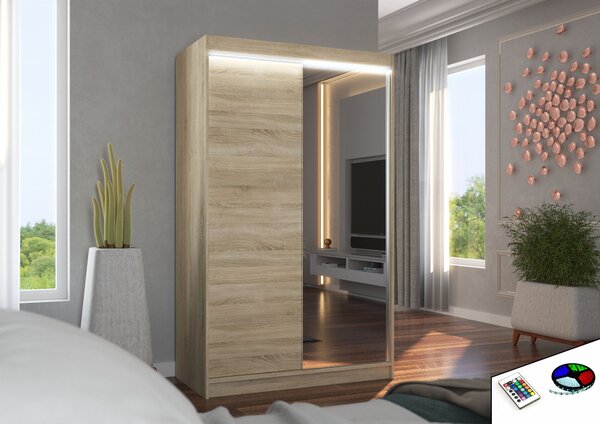 ADRK Šatní zrcadlová skříň posuvná s LED osvětlením REWENA S 120 L, dub sonoma
