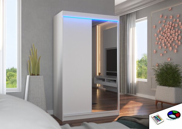 ADRK Šatní zrcadlová skříň posuvná s LED osvětlením REWENA W 120 L, bílá