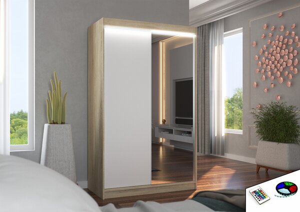 ADRK Šatní zrcadlová skříň posuvná s LED osvětlením REWENA S-W 120 L, bílá/dub sonoma