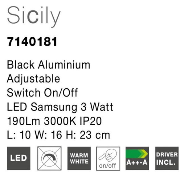 Nova Luce Nástěnné LED svítidlo SICILY černý hliník 3W 3000K s vypínačem