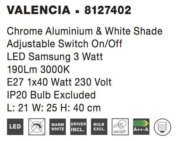 Nova Luce Nástěnné svítidlo VALENCIA, E27 1x40W 3W čtecí lampička / vypínač na těle Barva: Bílá