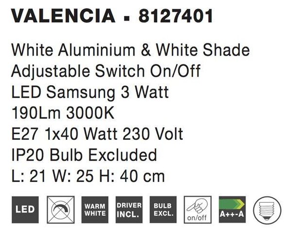 Nova Luce Nástěnné svítidlo VALENCIA, E27 1x40W 3W čtecí lampička / vypínač na těle Barva: Bílá