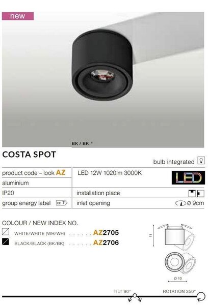 AZZ AZ2706 LED Stropní a nástěnné zápustné svítidlo Azzardo Costa Spot black/black AZ2706 12W 1020lm 3000K IP20 černé - AZZARDO