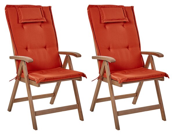 Sada 2 zahradních skládacích židlí z tmavého akáciového dřeva s červenými polštáři AMANTEA