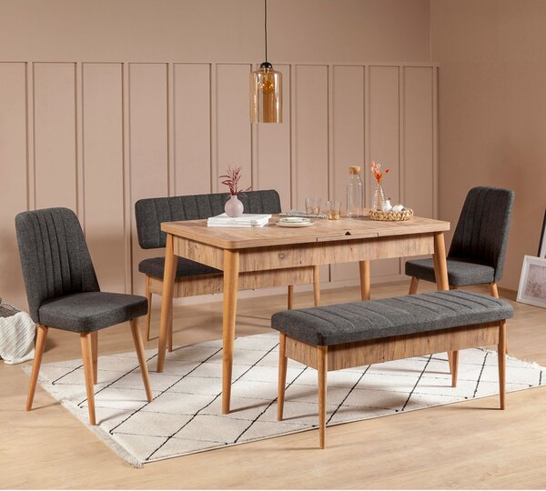 Rozkládací jídelní stůl se 2 židlemi a 2 lavicemi Vlasta (borovice antlantic + antracit). 1072178