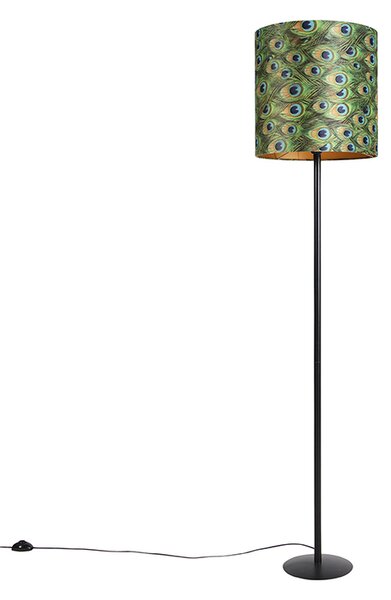 Stojací lampa černá s sametovým stínítkem s motivem páva zlatá 40 cm - Simplo