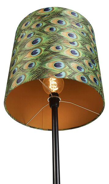 Stojací lampa černá s sametovým stínítkem s motivem páva zlatá 40 cm - Simplo