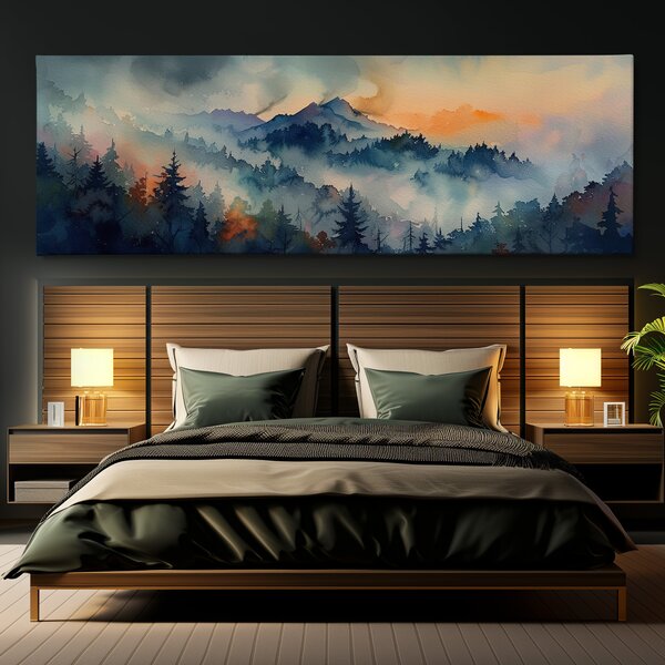 Obraz na plátně - Úsvit v mlžných lesích FeelHappy.cz Velikost obrazu: 120 x 40 cm