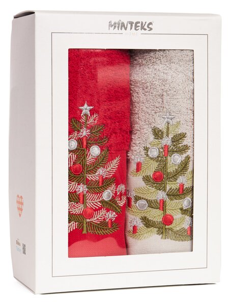 Kubík Textil Dárkový set 2 ručníků – vánoční stromečky červená béžová